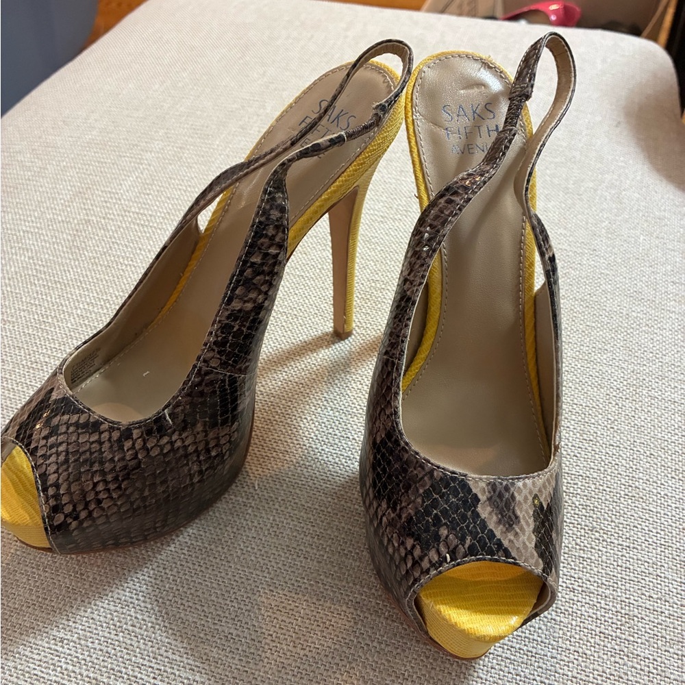 Saks Fifth Avenue Snakeskin and Yellow Peep Toe Slingback Heels